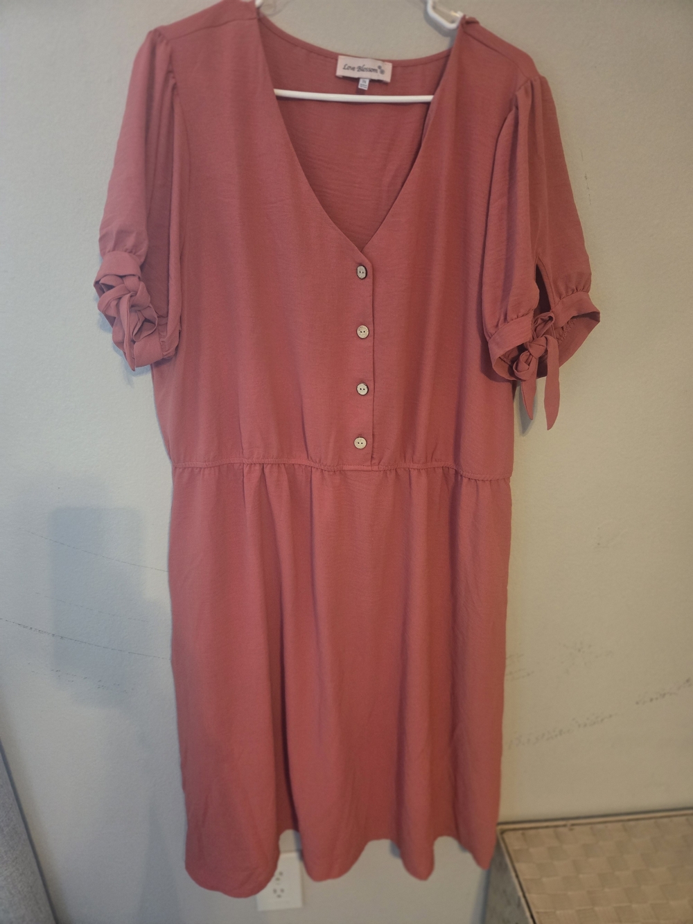Live Nation Coral Pink Button-Front Midi Dress with Tie Sleeves